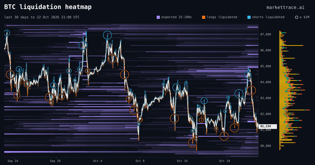 BTC liquidation heatmap, last 30 days