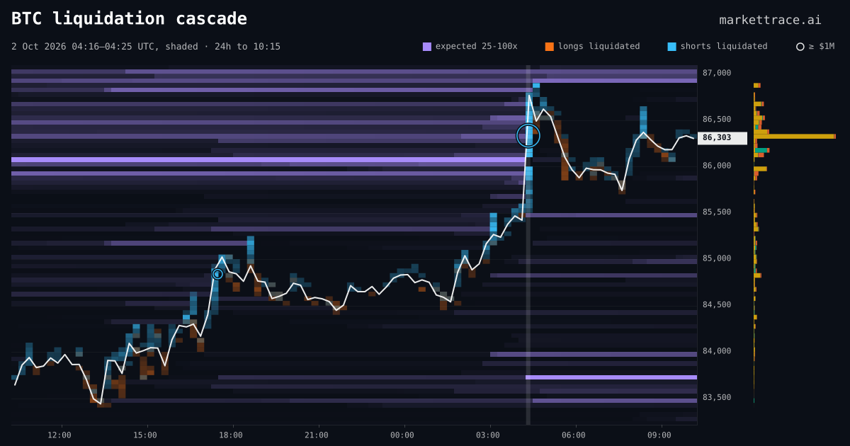 BTC liquidation heatmap for the 24 hours around the cascade of 2 Oct 2026, 04:16 UTC, the cascade shaded