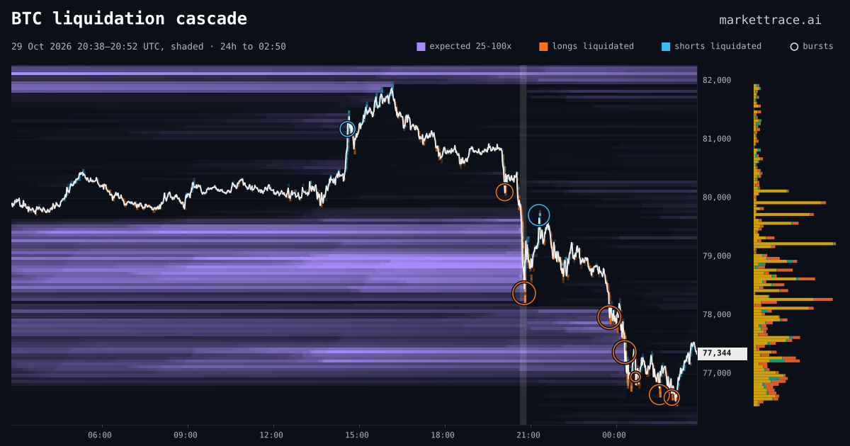 BTC liquidation heatmap for the 24 hours around the cascade of 29 Oct 2026, 20:38 UTC, the cascade shaded