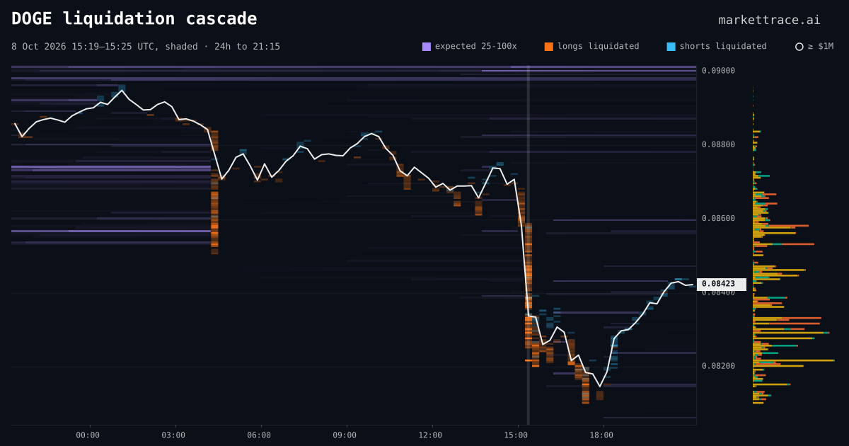 DOGE liquidation heatmap for the 24 hours around the cascade of 8 Oct 2026, 15:19 UTC, the cascade shaded