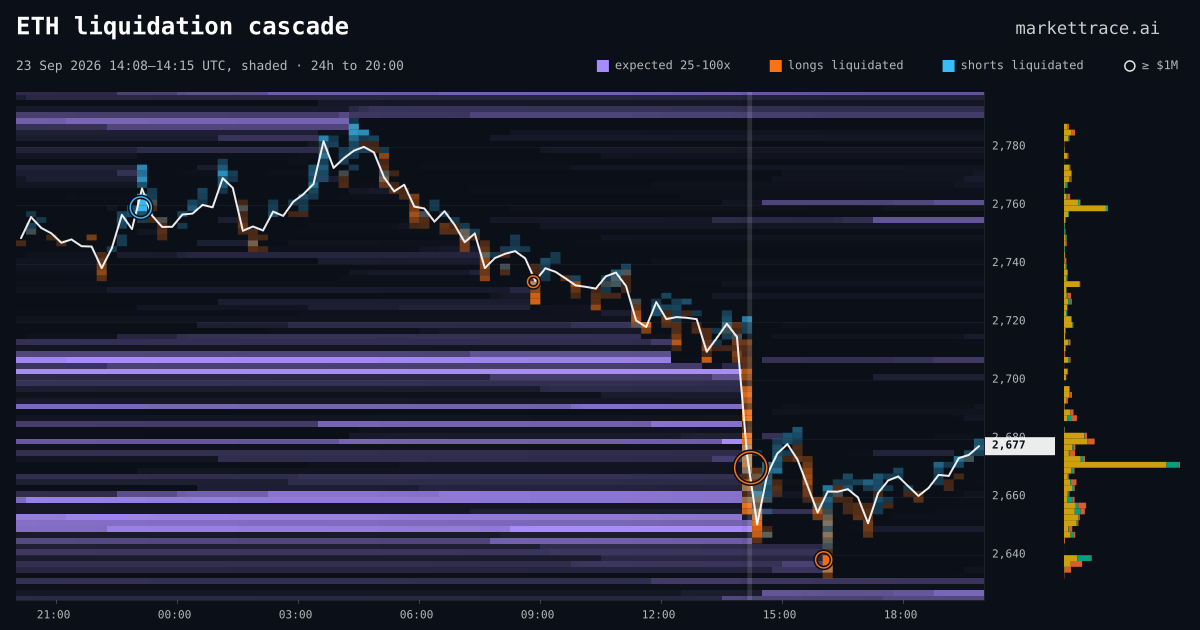 ETH liquidation heatmap for the 24 hours around the cascade of 23 Sept 2026, 14:08 UTC, the cascade shaded