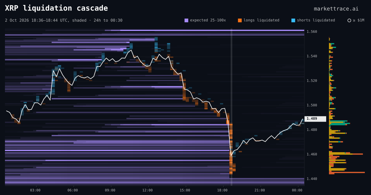 XRP liquidation heatmap for the 24 hours around the cascade of 2 Oct 2026, 18:36 UTC, the cascade shaded