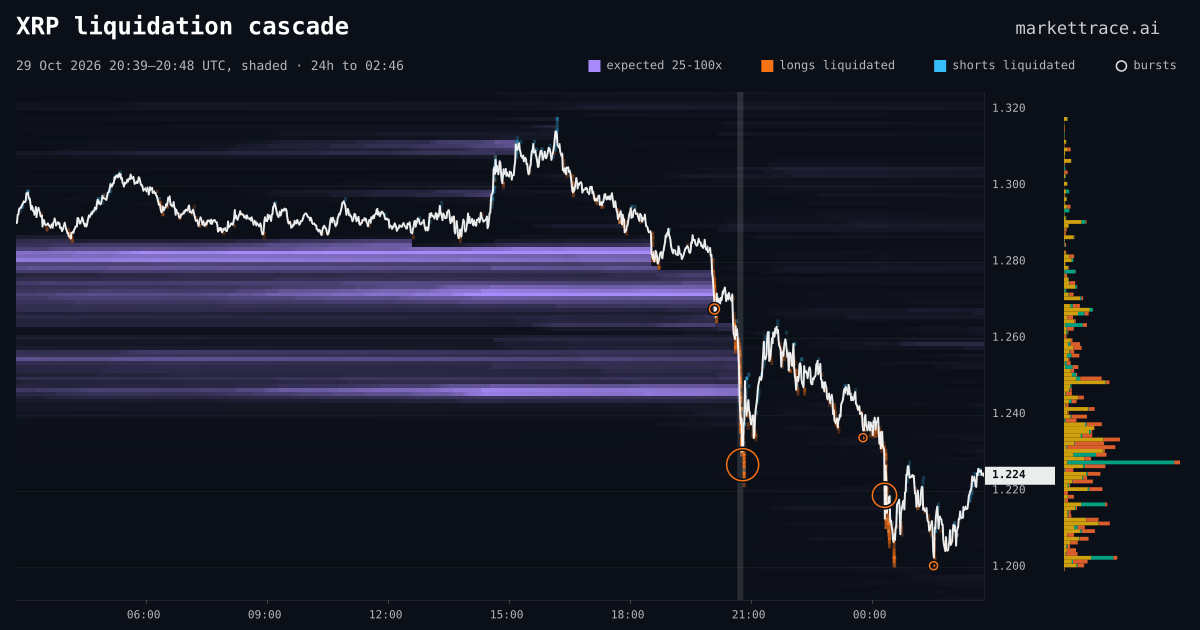 XRP liquidation heatmap for the 24 hours around the cascade of 29 Oct 2026, 20:39 UTC, the cascade shaded